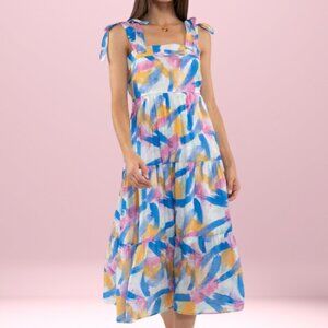 Midi Dress Blue Tie Strap Tiered 